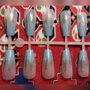 🍉Sz. MED, LONG SQ. TIP NAILS! GRAY TIPS/GLITTER DESIGN & NATURAL COLOR/PK BASE!
